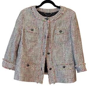 Talbots Womens Blazer 16P Tweed Fringed Pink Green Career Old Money Artsy Preppy
